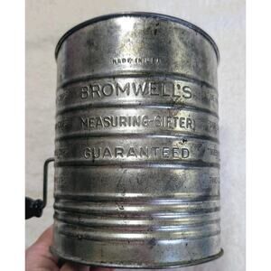 Vintage Primitive BROMWELL'S Measuring Flour Sifter BIG 5 CUPS Black Wood Handle